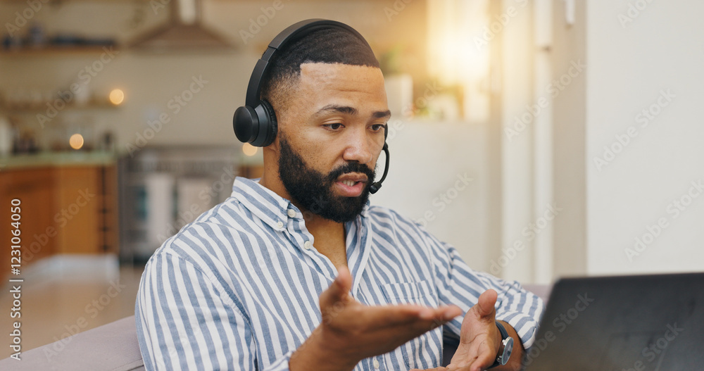Poster remote work from home, video call and man with laptop, conversation and communication. person, emplo