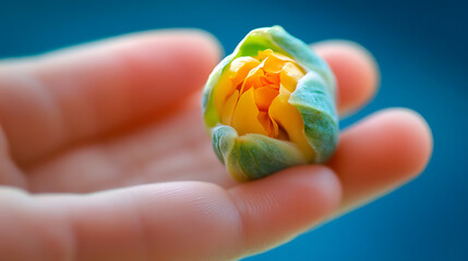 Close-up of a delicate yellow flower bud held in a hand. A vibrant and fresh blossom in the making.