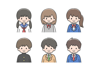 いろいろな制服を着ている学生6人のアイコンセット