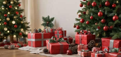 Red vinyl records and wrapped gifts sit atop a decorated Christmas tree with pinecones and holly , holiday ambiance, cozy atmosphere