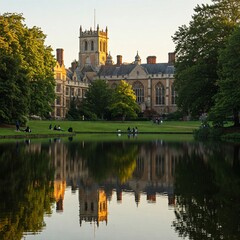 Fototapeta premium A peaceful lake near a university with a reflection of historic buildings. 