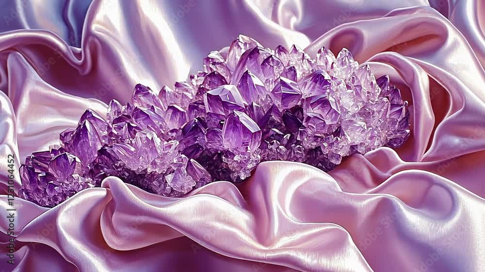Poster amethyst crystals shine on soft satin fabric creating a stunning visual display