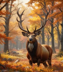 Regal stag in a sea of autumn colors with antlers, tree-lined path, warm glow