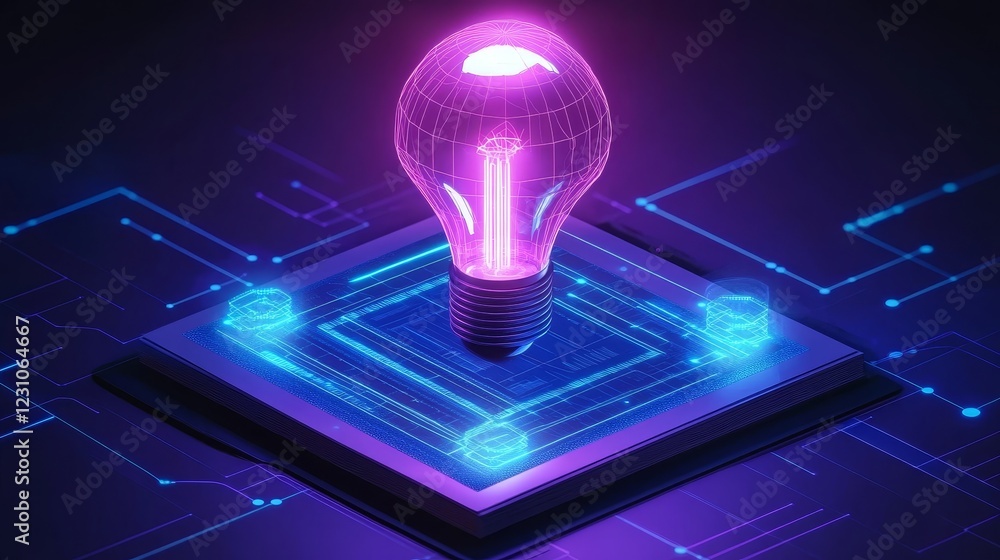 Poster illuminated idea a glowing lightbulb atop a microchip, symbolizing technological innovation