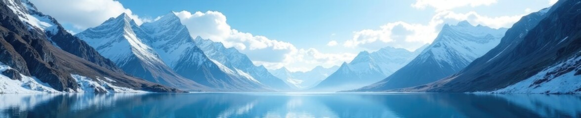 Fototapeta premium Towering mountains meet the sky in blue lake valley, icy, highland