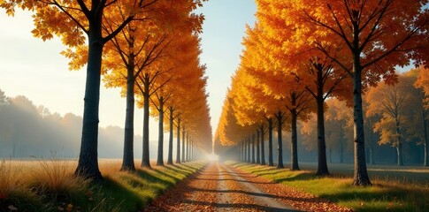 Towering poplar trees stretch towards grey sky, , autumnal, shadows