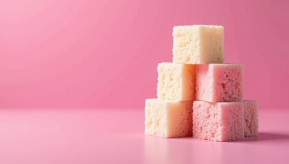 Tower of sugar cubes stacked on pink surface with reflections, , pastry