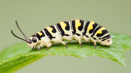 Fototapeta premium Black And Yellow Striped Caterpillar On Green Leaf