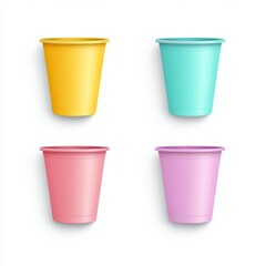 Four pastel-colored disposable cups isolated on white background.