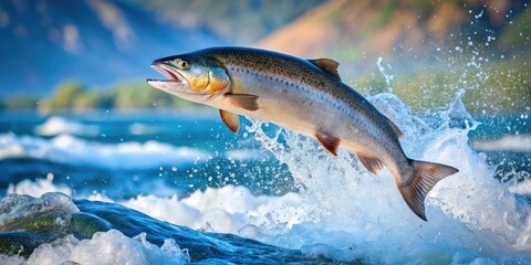Naklejka premium Salmon jumping out of the water in a river with a clear blue background, jump, fish, jumping, water, splash