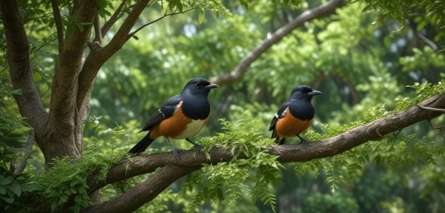 Naklejka premium Scenic view of white-rumped shama guarding nest in lush green tree, wild, alert