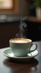 Fototapeta premium A steaming cup of cappuccino sits on the counter, steam, cup