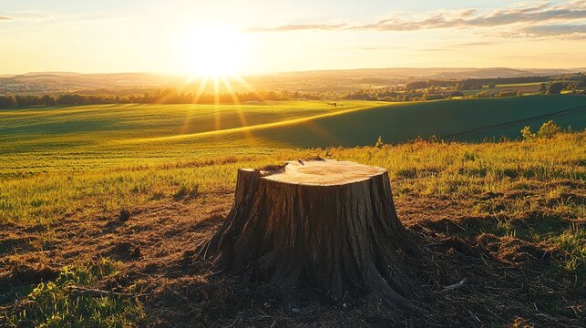Majestic Tree Stump at Sunset Over Rolling Green Fields and Hills