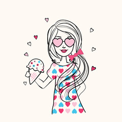 Beautiful girl enjoying ice cream with heart-shaped background. Vector illustration.
