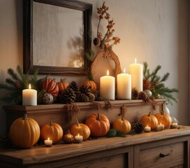 Seasonal decorations on a wooden sideboard with pumpkins, pine cones, and candles, fall colors, wooden sideboard