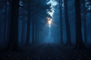 Fototapeta premium Dark forest at dusk with misty trees and twinkling lights, atmosphere, mystery, forest