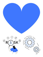 Blue heart symbolizes care and integrity, woman examining Risk with a magnifying glass, gears denoting processes. Ideal for love, business strategy, efficiency, trust, problem-solving, safety