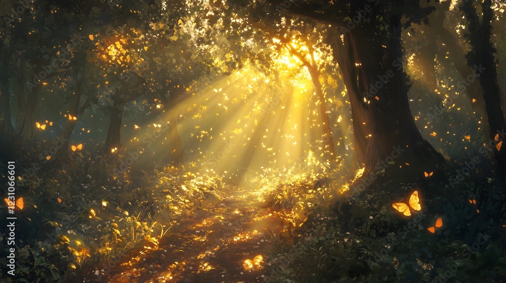 Poster warm sunlight filters through a lush forest at dawn illuminating butterflies in flight. generative a