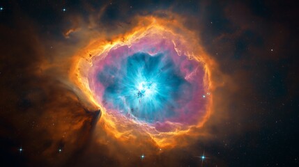 Fototapeta premium A close-up view of a nebula, showcasing bright, swirling colors like pink, orange, and teal in the universe.