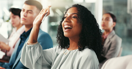 Smile, question and woman at seminar with business people with training, ideas and proposal planning. Happy, employee engagement and audience in meeting for growth, development and faq at conference