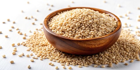 Top View of Bio Natural Sesame Seeds in Wooden Bowl on White Background - Healthy Food Photography for Organic Ingredients and Culinary Use
