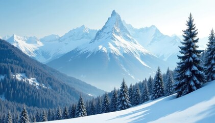 Fototapeta premium Frosty mountain landscape with pine trees and snow-covered peaks, forest landscape, swiss alps, snow-covered peaks