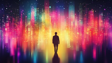 Man Walks Towards Vibrant Neon Cityscape At Night