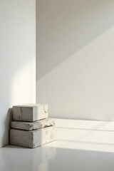 A stack of weathered concrete blocks rests in a sunlit minimalist interior corner