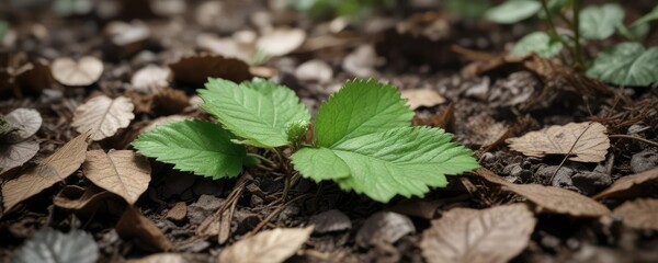 Fototapeta premium Small green strawberry leaf nestled among dry Victoria leaf debris in early spring garden, nature, foliage