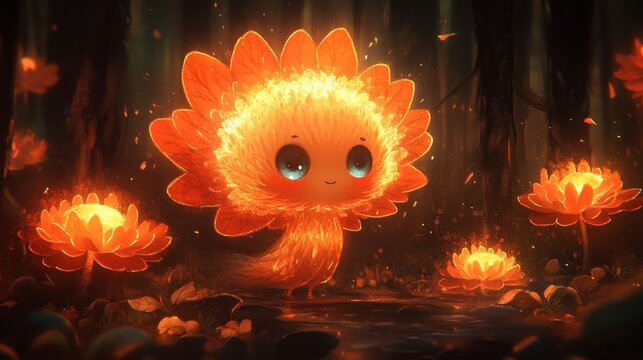 A luminous, teardrop-eyed fire-flower spirit amidst glowing flora in a dark forest