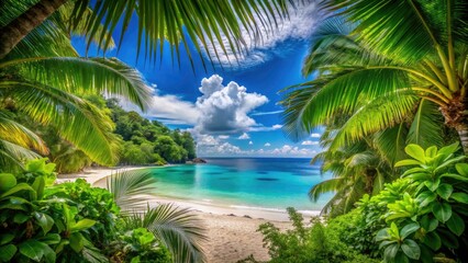 Tropical Beach Escape Framed by Lush Greenery - Breathtaking Seaside View with Clear Blue Waters and Vibrant Foliage for Relaxation and Travel Enthusiasts