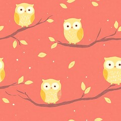Cute Owls on Branches  Autumn Leaves  Pastel Colors  Seamless Pattern