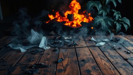 Obraz premium Smoked wooden tabletop amidst the aftermath of an explosive event, debris, smoldering remains, shattered objects