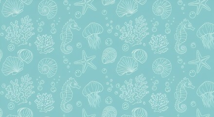 "Oceanic Whimsy: Seamless White Line Art of Underwater Sea Life on Teal"