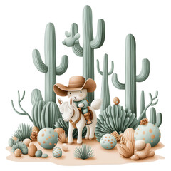 cowboy easter Bunny easter day concept. Cute Cartoon Cowboy Cat on White Pony in Desert Landscape