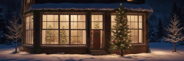 Snowy Christmas Eve scene with a beautifully lit tree and decorated windows, cozy home, snow covered trees, snowy christmas eve