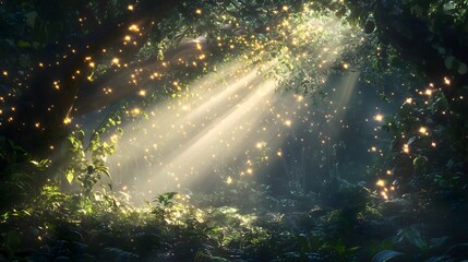 Obraz premium Lush Forest at Dawn With Warm Luminous Beams Piercing Through the Foliage. Generative AI