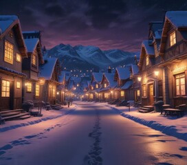 Naklejka premium Snowy village illuminated by bright neon street lights at twilight, twilight, small town, cozy