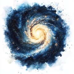 Watercolor galaxy swirl, cosmic art, blue and gold nebula.