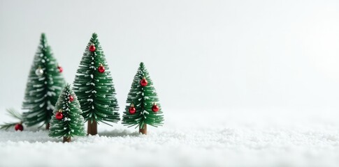 Miniature evergreen trees with ornaments on a white background, winter scene, white