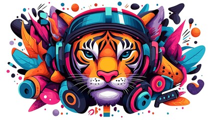 Colorful illustration of a tiger wearing headphones surrounded by vibrant abstract shapes and foliage