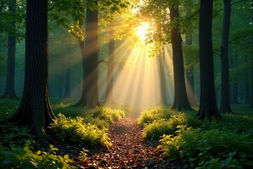 Morning light peeks through the trees in a forest, peeking, foliage