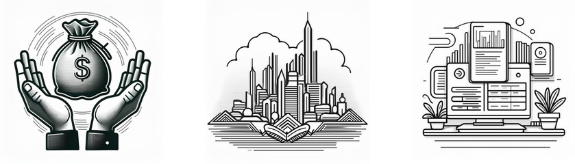 Three grayscale illustrations depict financial security, urban development, and financial management.  They represent wealth protection, city growth, and business analysis.