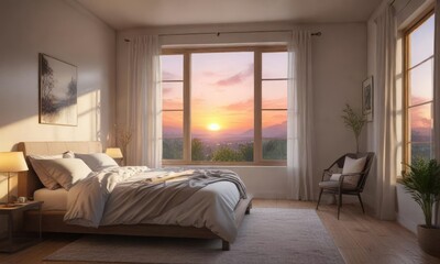 Soft morning light filters through the window, illuminating a peaceful bedroom scene with a serene sunset background, sunrise morning, sunrise sky, soft focus