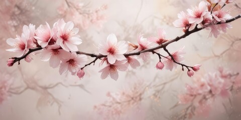Soft pastel tones and delicate brushstrokes bring a serene sakura branch with abstracted flowers to life in fluid alcohol ink paint , floral art, sakura