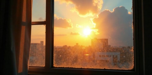 Morning sunlight peeking through dirty windowpane, sun, clouds, pane