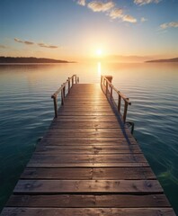 Fototapeta premium Soft sunlight casting a warm glow over the peaceful pier and calm blue waters, peaceful, warm