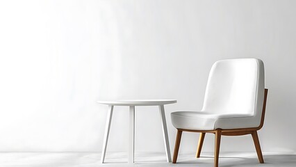 Obraz premium A chair and table are staged against a plain white, copy space 