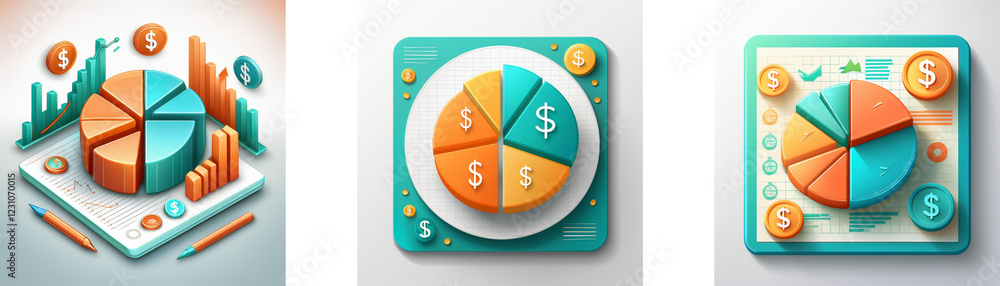 Poster three isometric pie charts illustrate data visualization, showcasing financial or business analytics