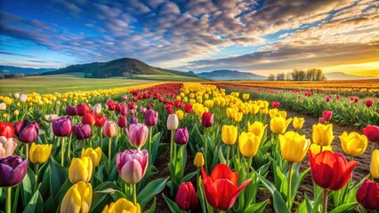 Vibrant Field of Mixed Color Tulips in Full Bloom - Nature's Colorful Landscape, Perfect for Spring Decor, Floral Photography, and Gardening Inspiration